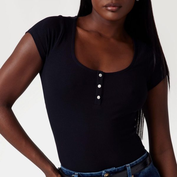 GUESS Womens Short Sleeve Karlee Jewel Button Henley-3