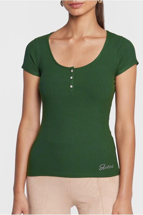 GUESS Womens Short Sleeve Karlee Jewel Button Henley-1