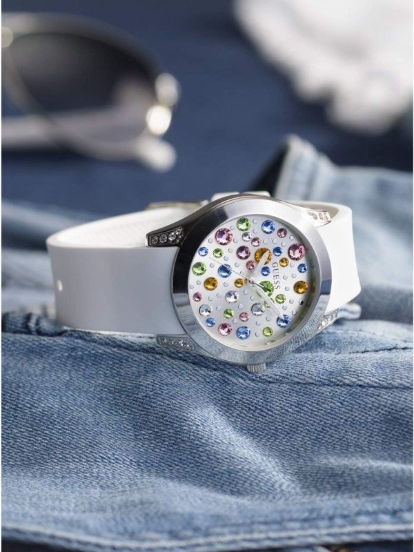 GUESS Silver-Tone + White Stain Resistant Silicone Multi-Colored Crystal Watch. Color: White (Model: U1059L1) stain resistant silicone