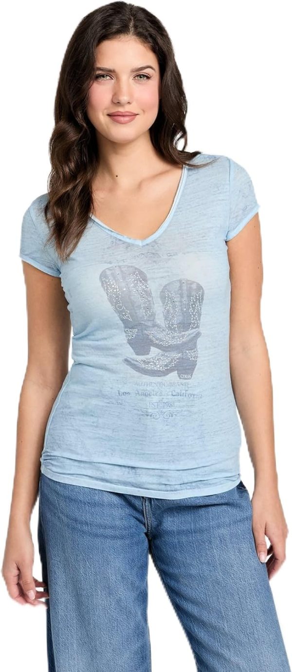 GUESS Women's Short Sleeve Bling Boots Burnout Tee s short sleeve
