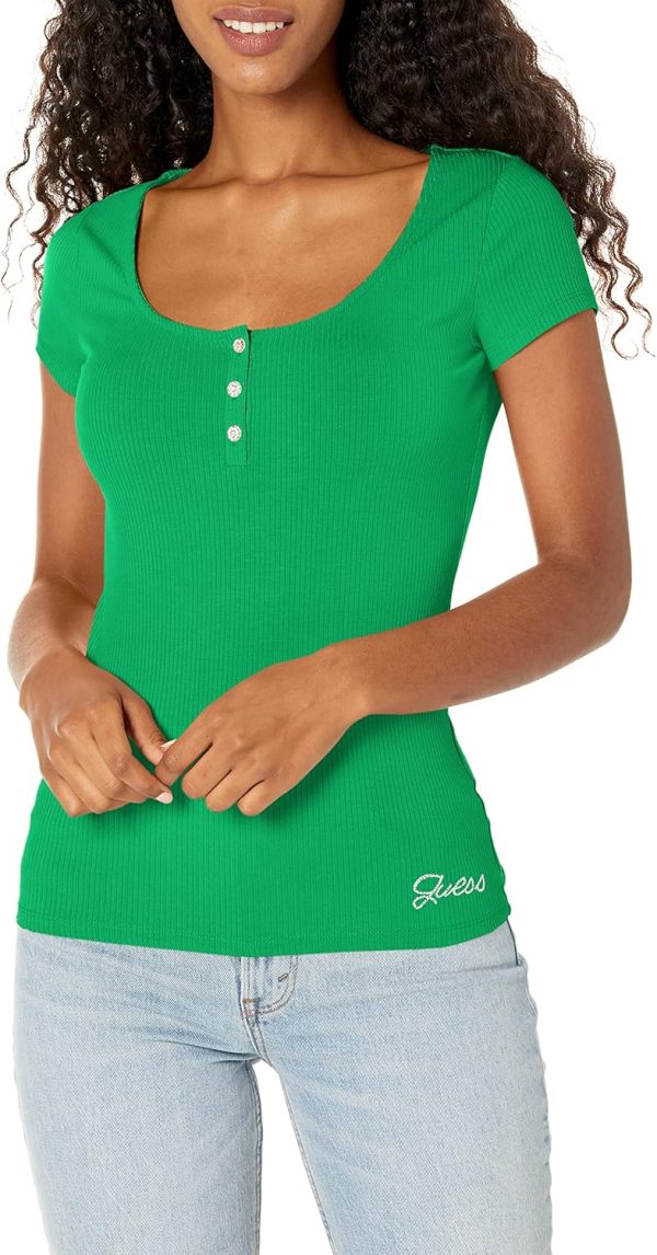 GUESS Womens Short Sleeve Karlee Jewel Button Henley guess womens short sleeve karlee jewel button henley top