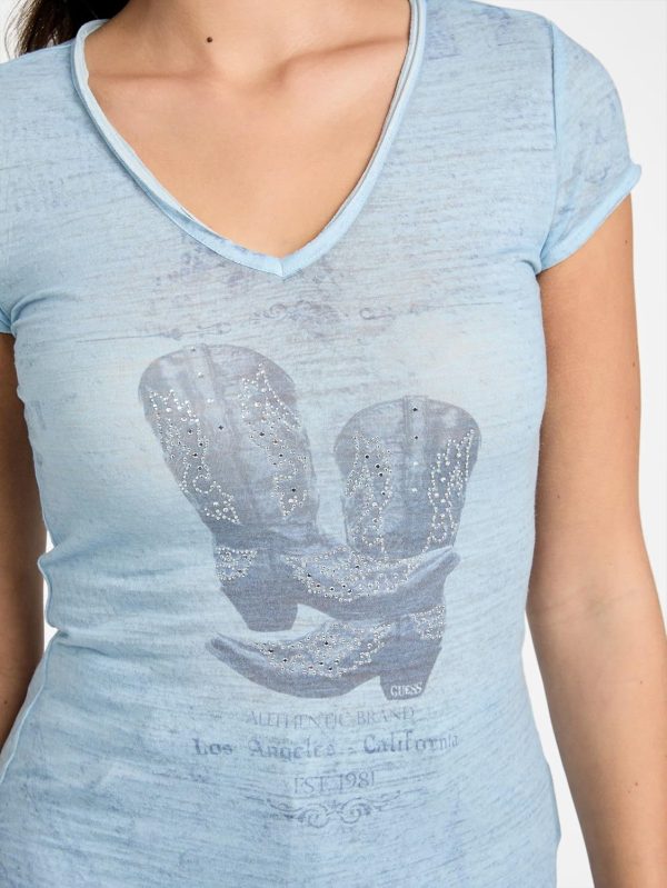 GUESS Women's Short Sleeve Bling Boots Burnout Tee women s short